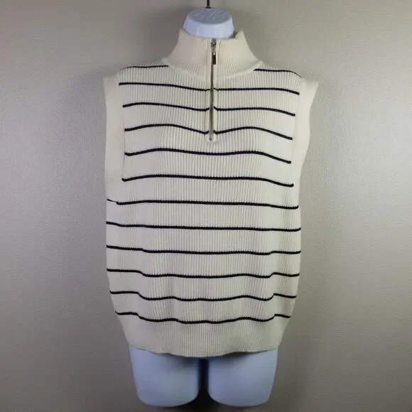 MNG by Mango Cream and Black Striped Quarter Zip Knitted Sweater Vest Size M - Picture 3 of 7
